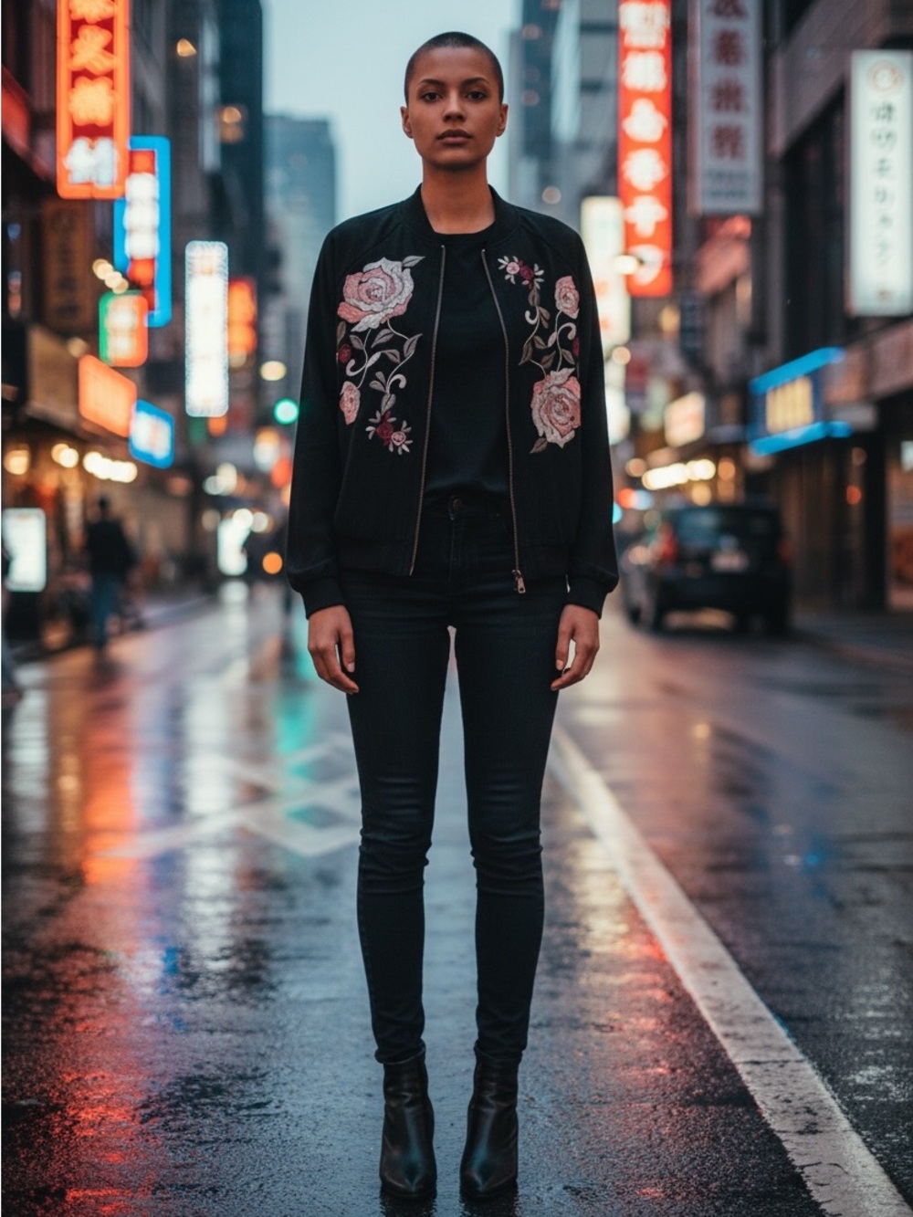 Democracy Black Bomber Jacket with Pink & Burgundy Rose Embroidery